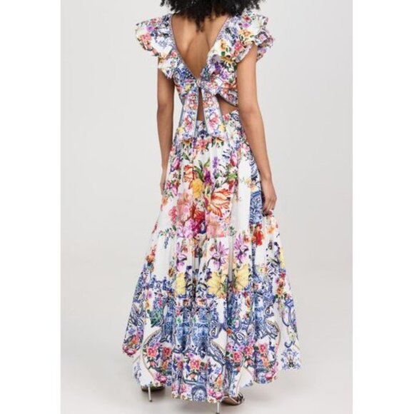 CAMILLA "Dutch Is Life" Tiered Frill Cotton V-Neck Open Back Maxi Dress, XL $899 - Picture 5 of 16